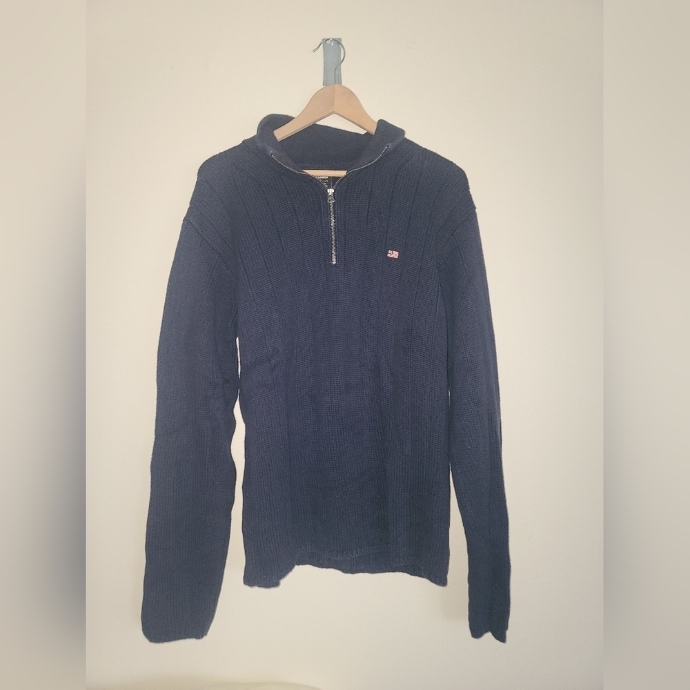 Polo Jeans Co. Ralph Lauren 1/4 Zip Sweater – Navy – Size L – Y2K American Flag